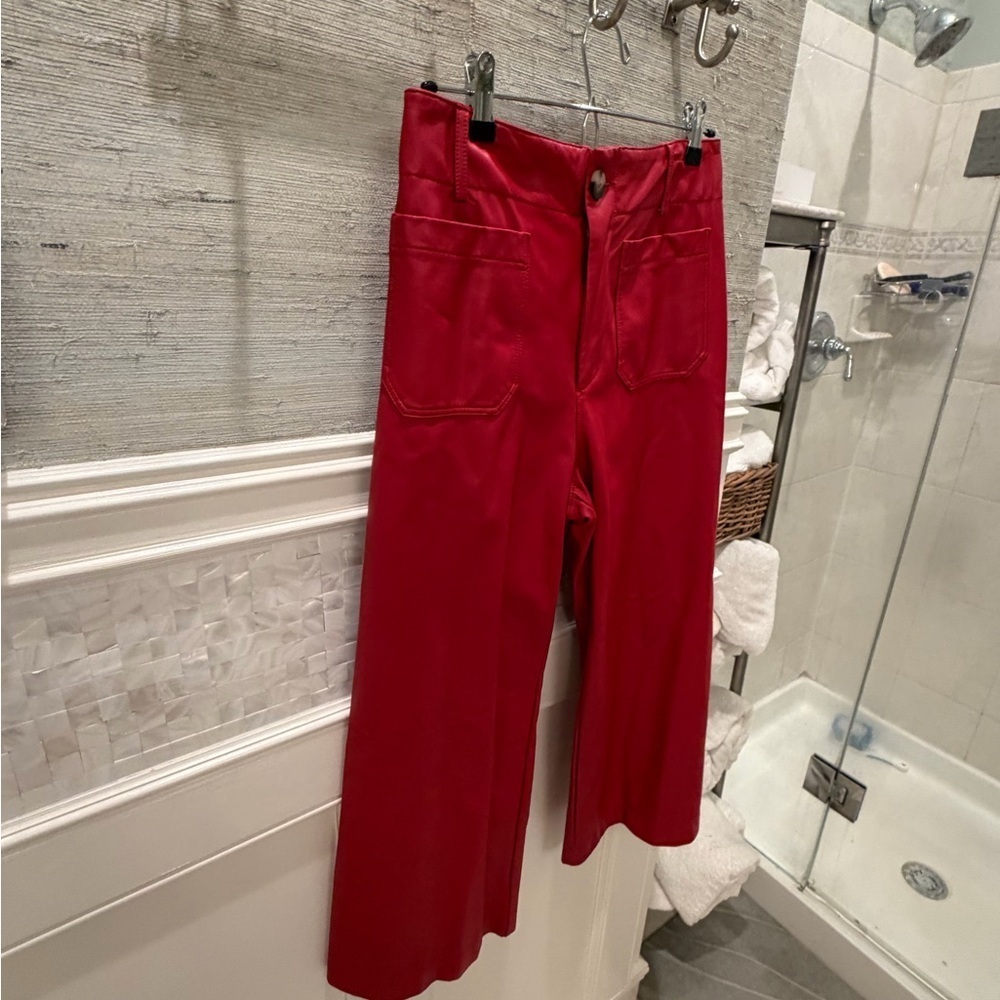 28p 28 petite Anthropologie Maeve Colette wide leg faux leather crop pants red - Picture 6 of 15